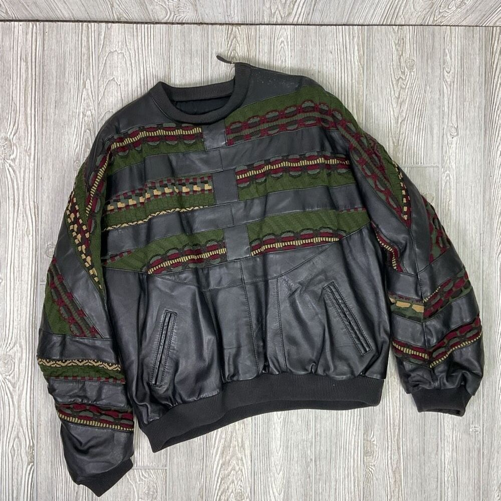 Vintage Ledge New York Milano Leather Knit Pullover Bomber Jacket Size XXL Green